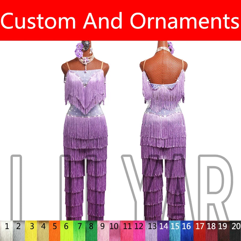 Purple Latin Dance Costume – Tassel Diamond Performance Pants & Split Skirt