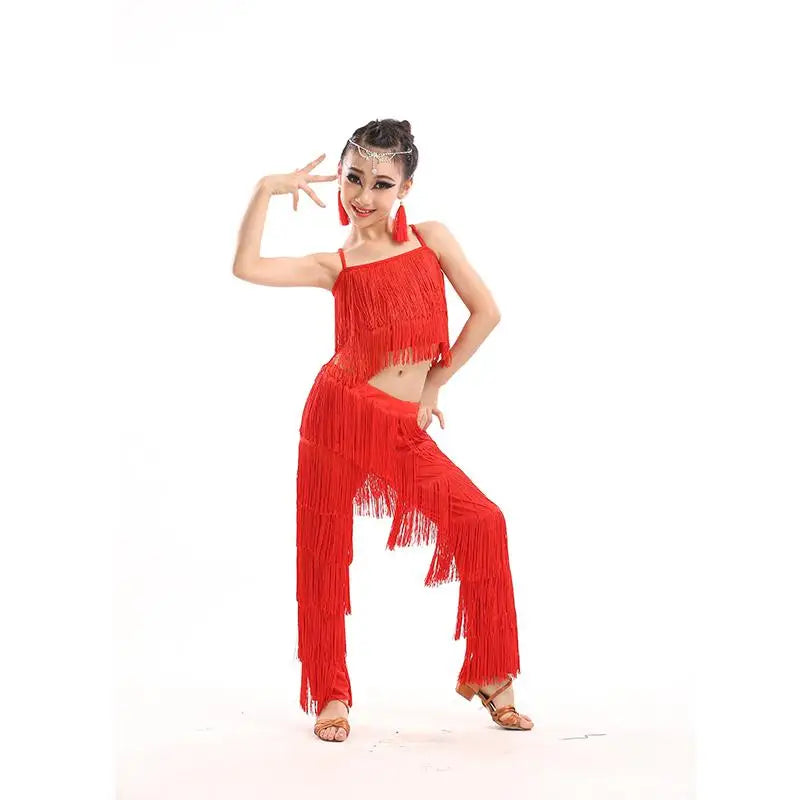 Kids Latin Dance Sequin Tassel Dress Pants - Salsa Samba Stage Costume