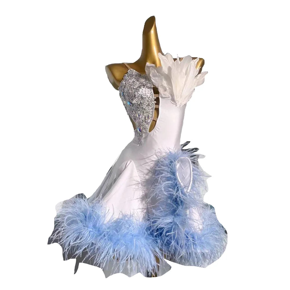 Customized Latin Dance Dress with Feathers – Professional Performance Wear