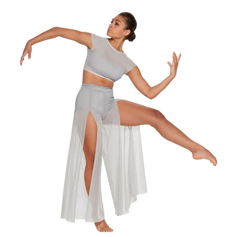 MiDee Modern Ballet Dance Set – Mesh Top & Wide Leg Pants for Women & Kids