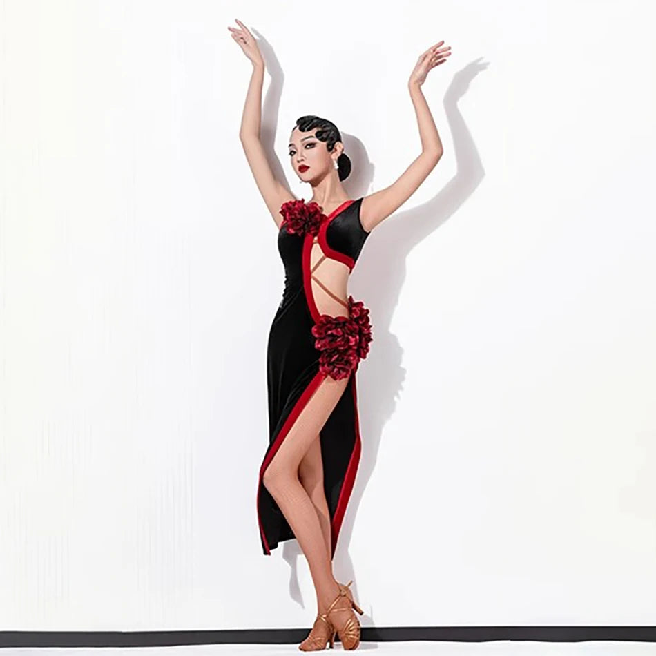 Red Flower Backless Latin Dance Dress – Women’s Performance Costume