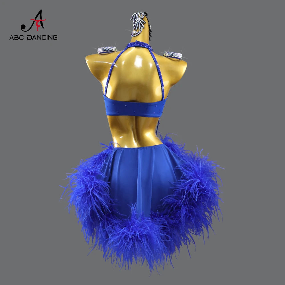 Blue Latin Dance Costume for Girls – Feather Skirt Stage Outfit for Women