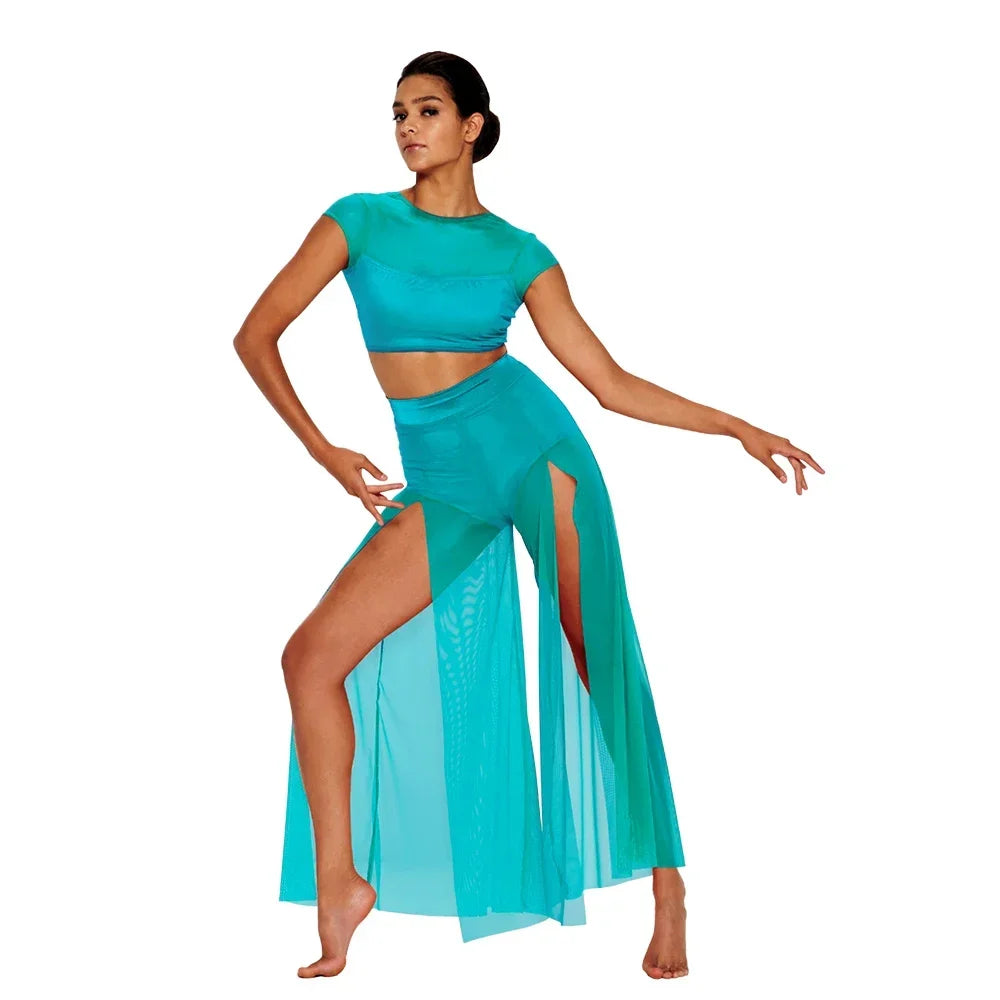 MiDee Modern Ballet Dance Set – Mesh Top & Wide Leg Pants for Women & Kids