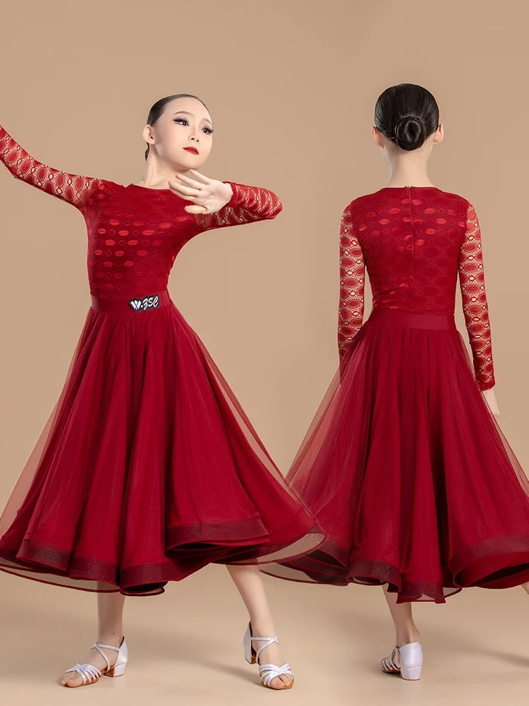 Girls Red Lace Bodysuit & Big Swing Skirt Ballroom Dance Costume