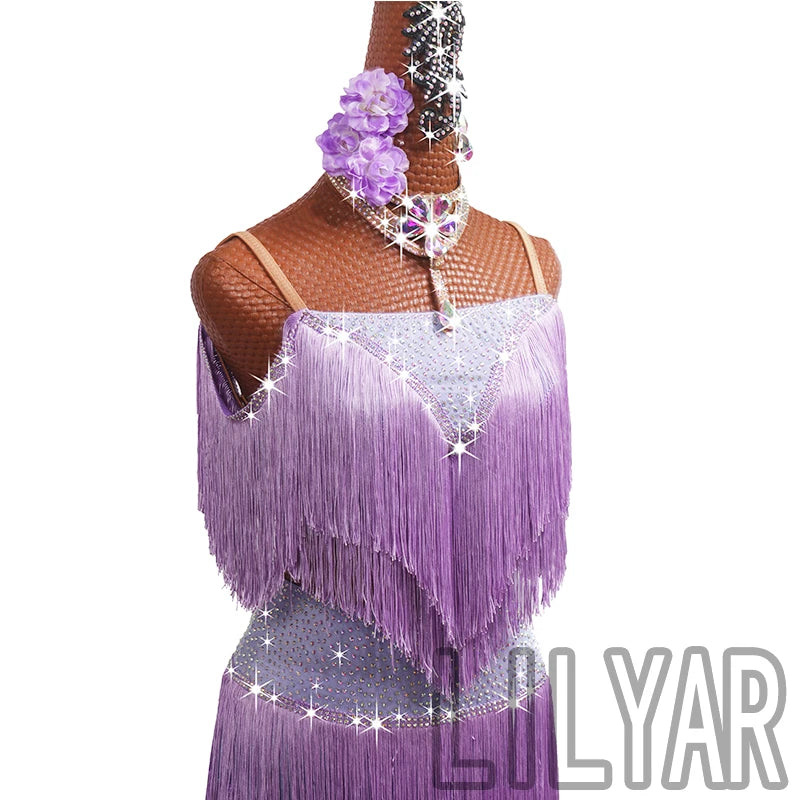 Purple Latin Dance Costume – Tassel Diamond Performance Pants & Split Skirt