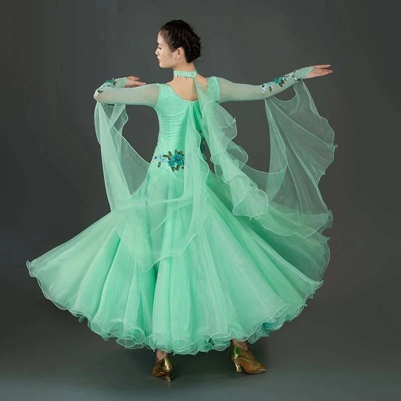 Big Swing Green Ballroom Dance Dress – Rhinestone Waltz & Rumba Competition Gown