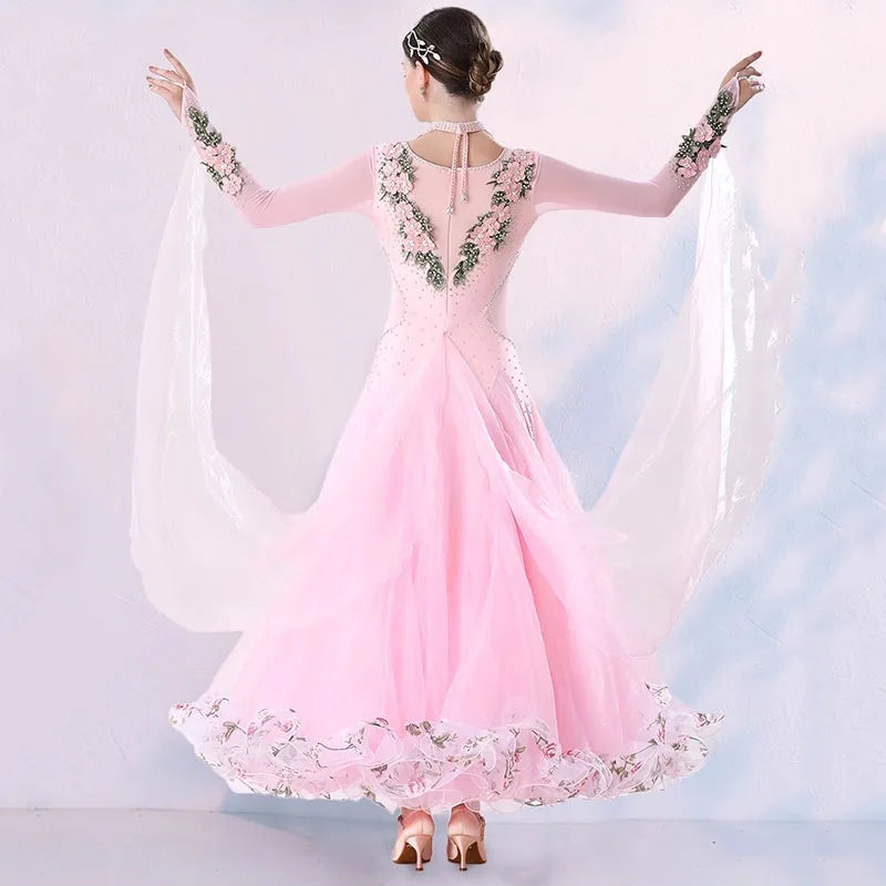 Pink Ballroom Dance Dress – Rhinestone Modern Waltz Competition Costume