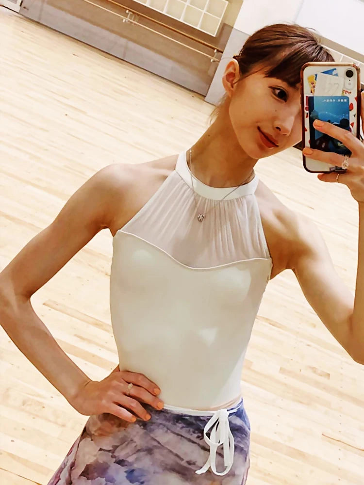 Sexy White Ballet Leotard – Halter Neck Mesh Dance Costume for Women