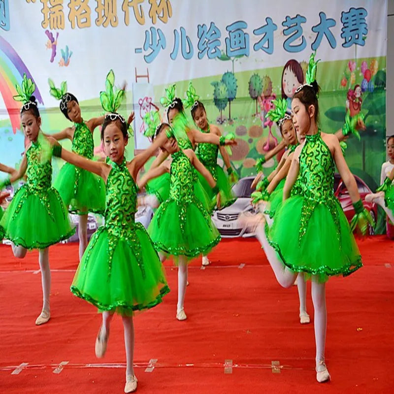 Chinese Wind Dance Costume – Little Tree & Leaf Performance Dress for Kids