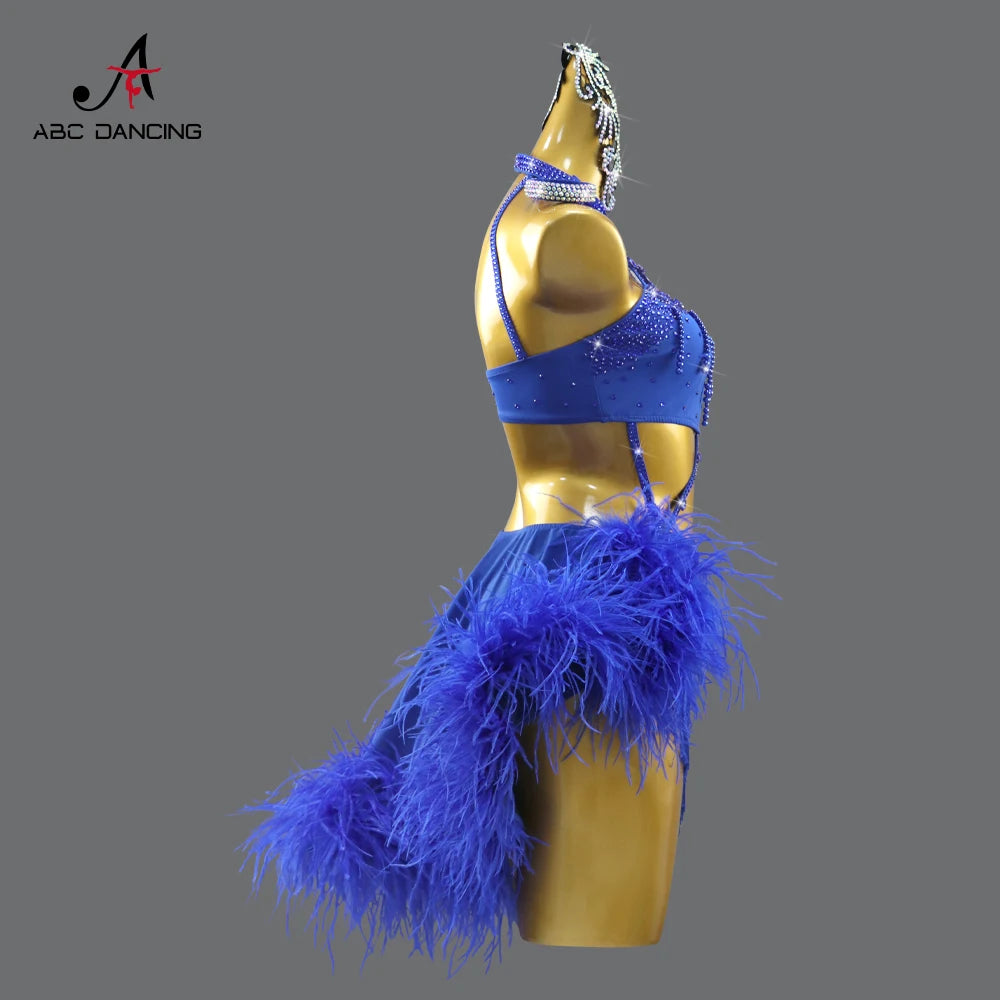 Blue Latin Dance Costume for Girls – Feather Skirt Stage Outfit for Women