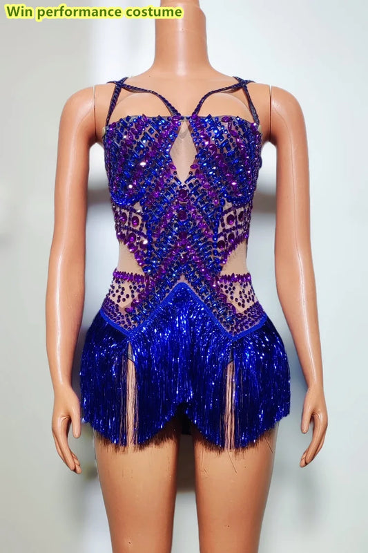 Tang Style Diamond Studded Backless Party Performance Costume with Tassel Jacket