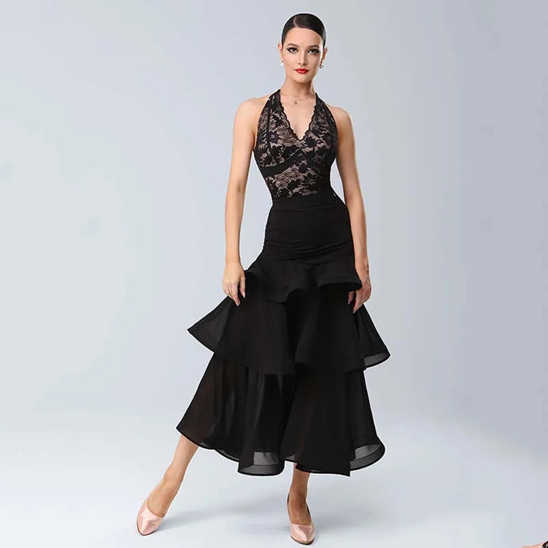 Neck Ballroom Dance Top & Split Skirt – Standard Waltz & Tango Stage Costume