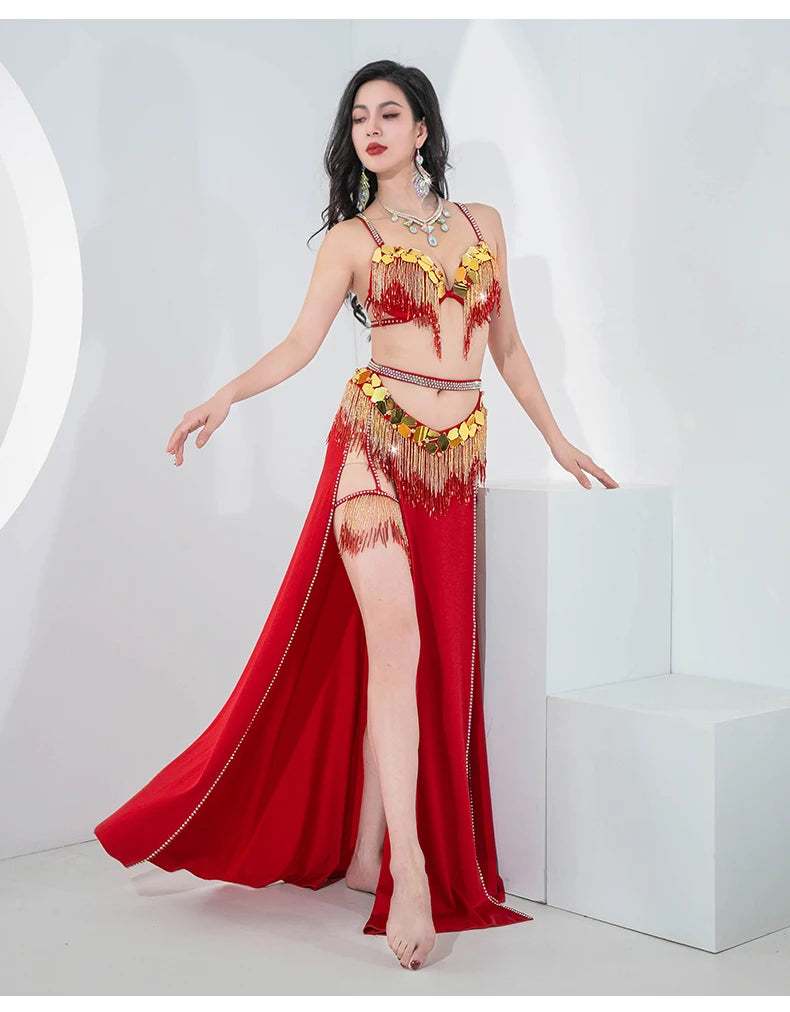 Women Egyptian Belly Dance Outfit with Sequins Bra, Skirt & Thigh Bands