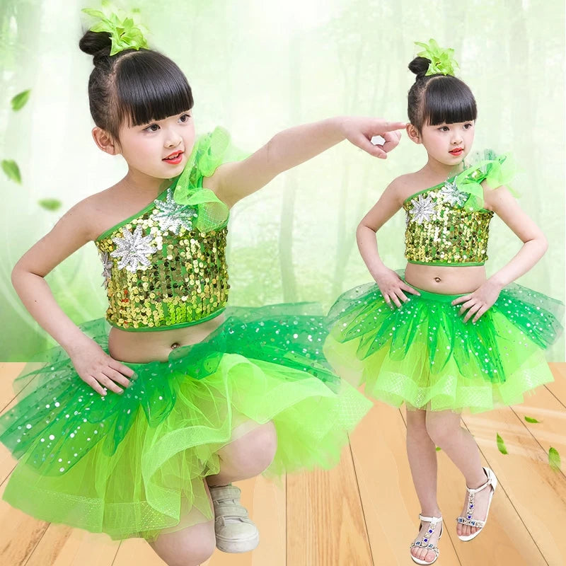 Children's Green Jazz Hip Hop Dance Dress with Sequins