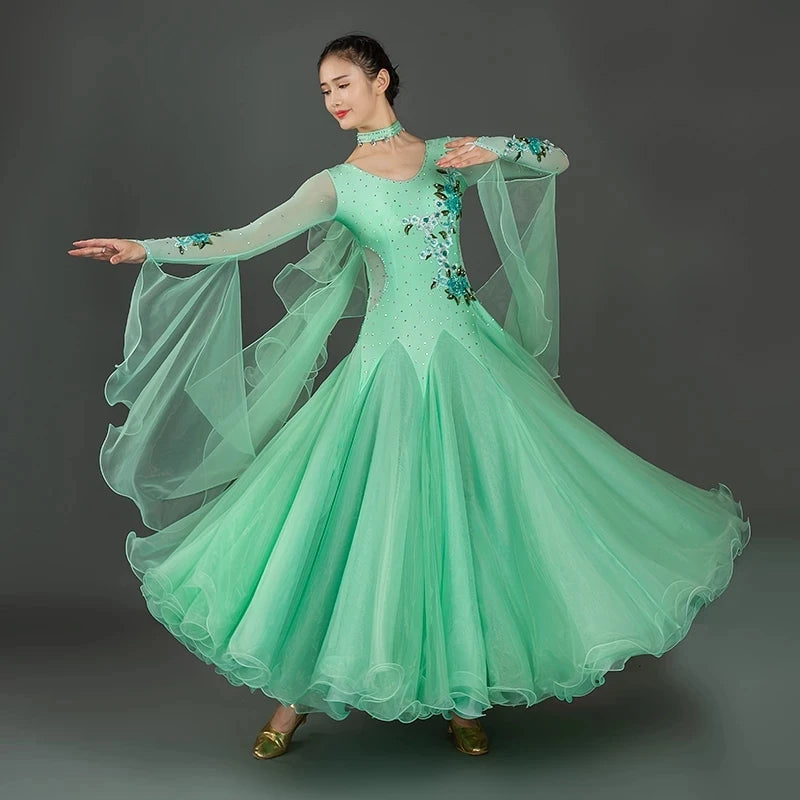 Big Swing Green Ballroom Dance Dress – Rhinestone Waltz & Rumba Competition Gown