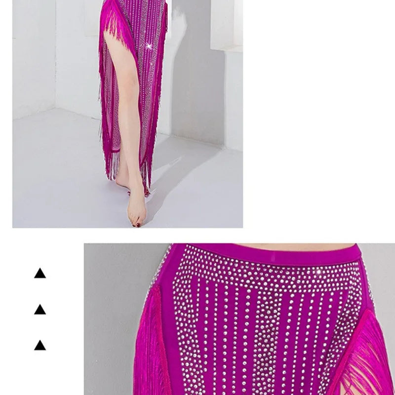 2-Piece Belly Dance Costume – Rhinestone Tassel Skirt & Middle Sleeve