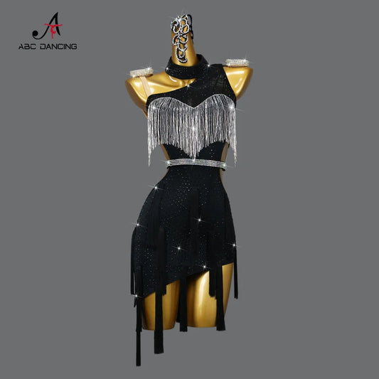 Black Latin Dance Dress – Sexy Fringed Cabaret Party Outfit for Women