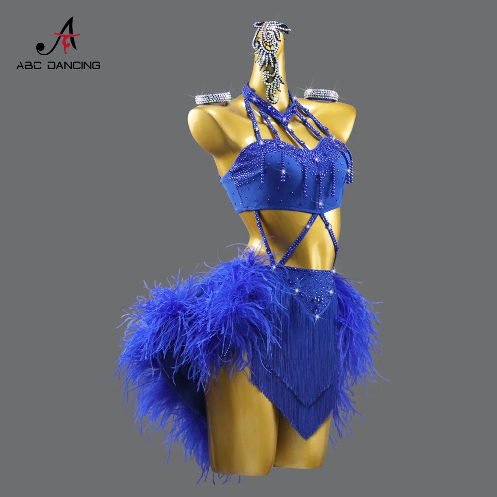 Blue Latin Dance Costume for Girls – Feather Skirt Stage Outfit for Women