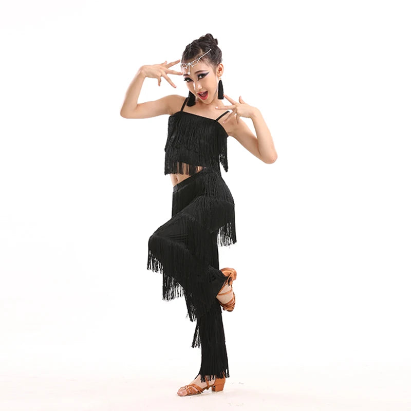 Kids Latin Dance Sequin Tassel Dress Pants - Salsa Samba Stage Costume