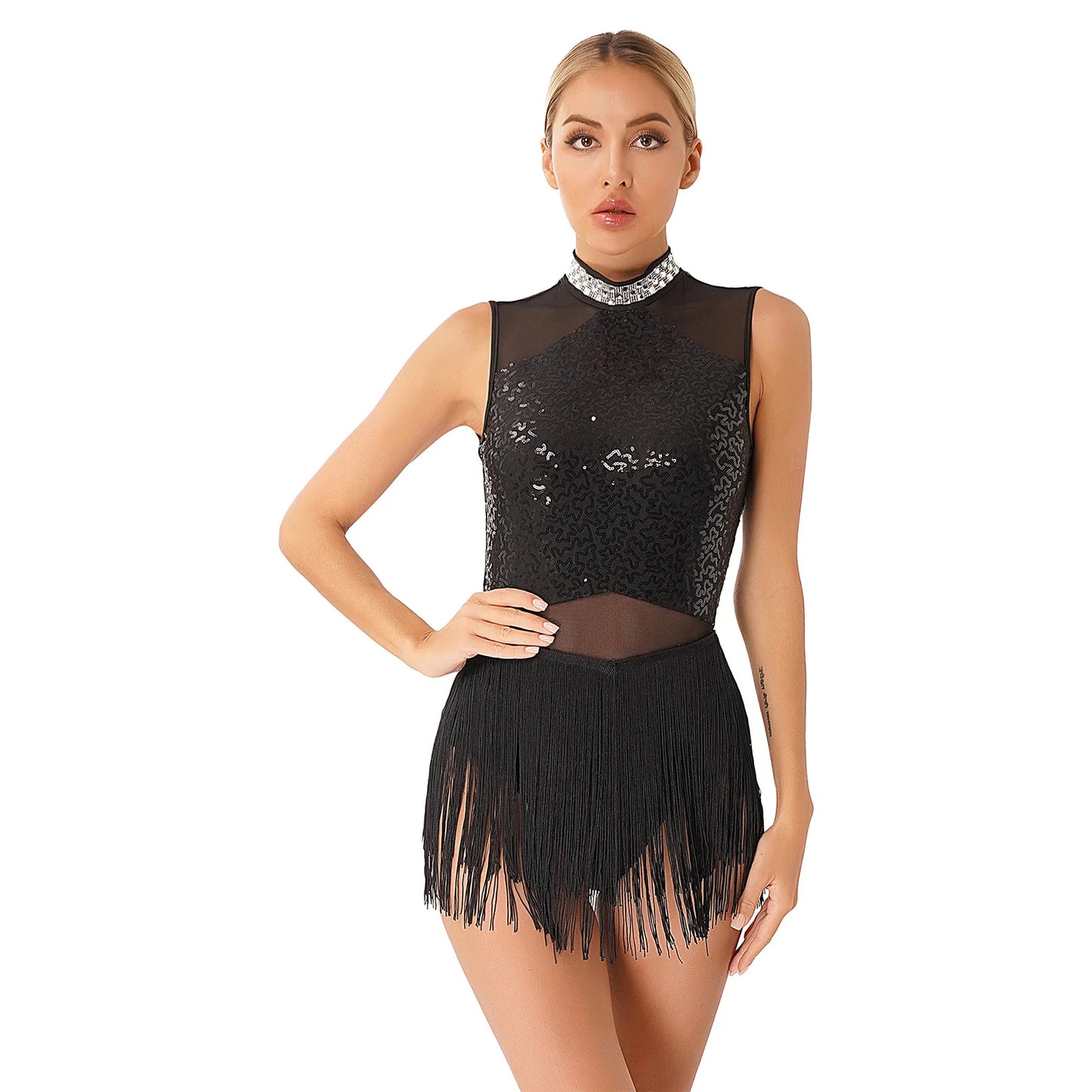 Women’s Sequined Fringed Dance Dress – Latin & Tango Performance Costume