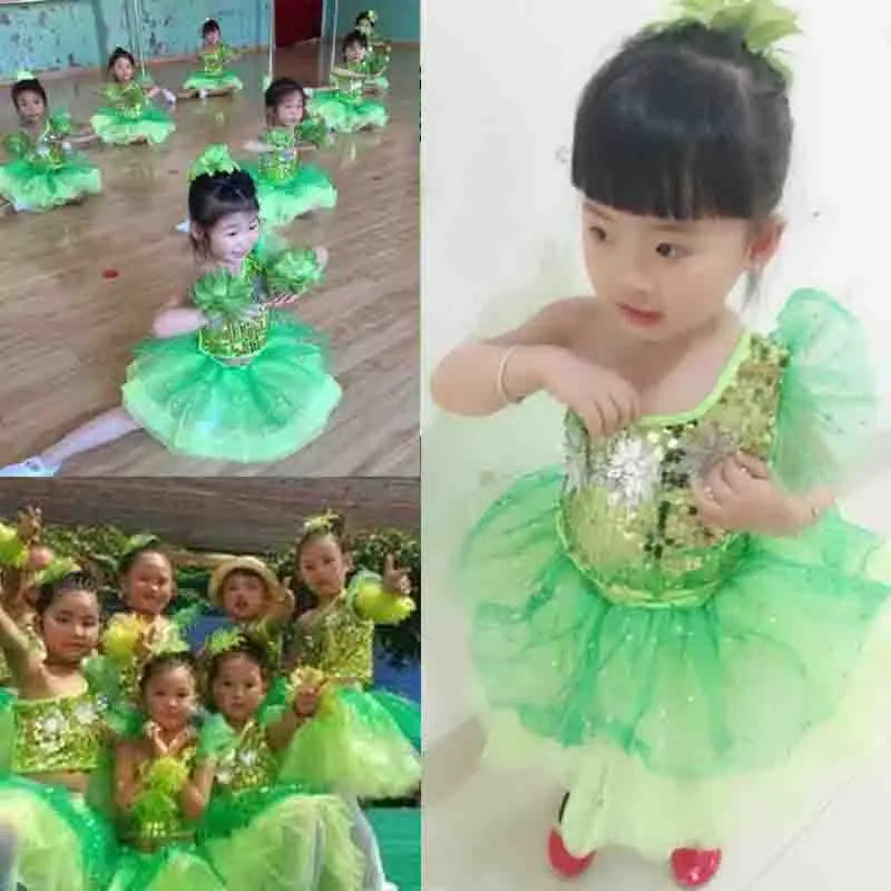 Children's Green Jazz Hip Hop Dance Dress with Sequins