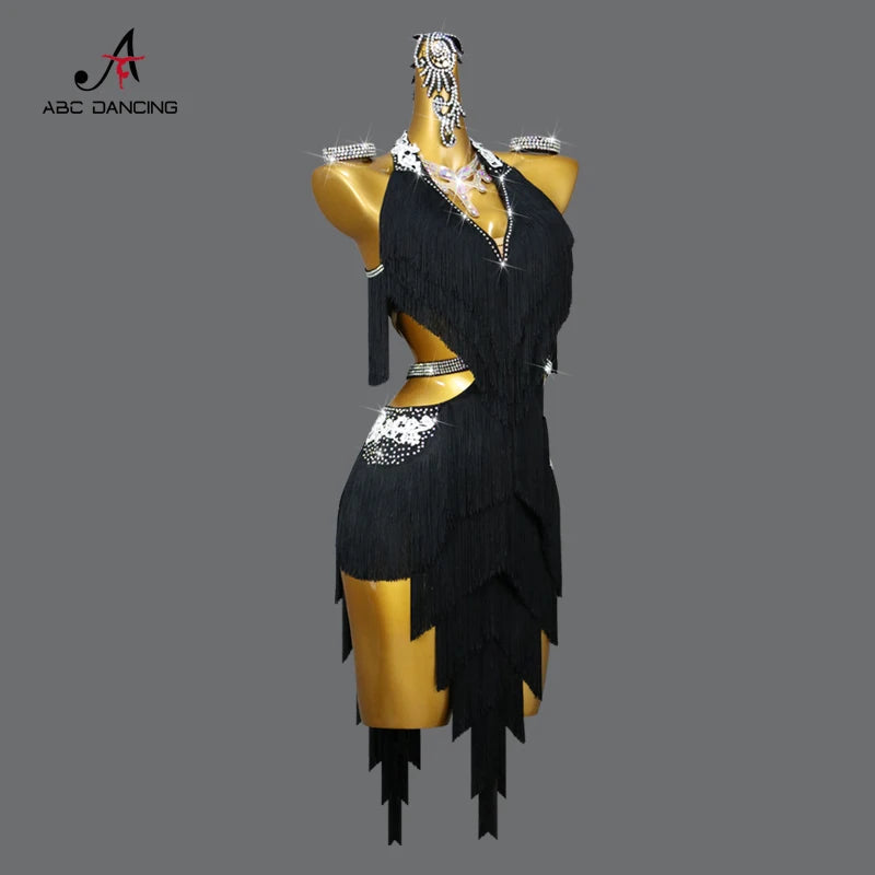 Black Latin Dance Dress – Sexy Tassel Party Performance Outfit for Women & Girls