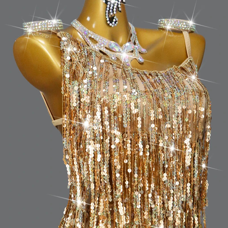 Women's Latin Dance Fringe Dress – Sequin Competition & Practice Wear for Girls