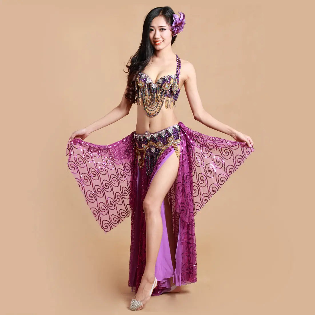 Beaded Belly Dance Set - Bra, Belt & Sequin Skirt