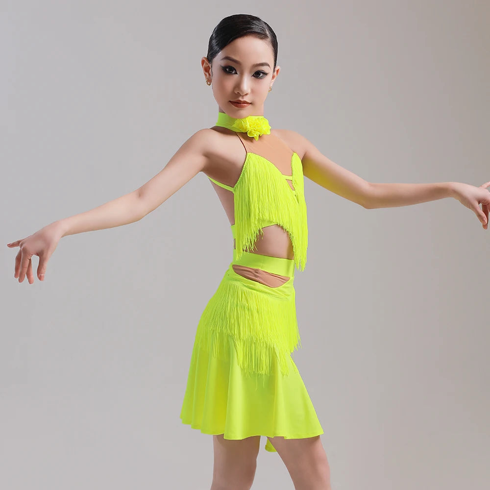 Latin Dance Dress with Irregular Fringe & Net Gauze