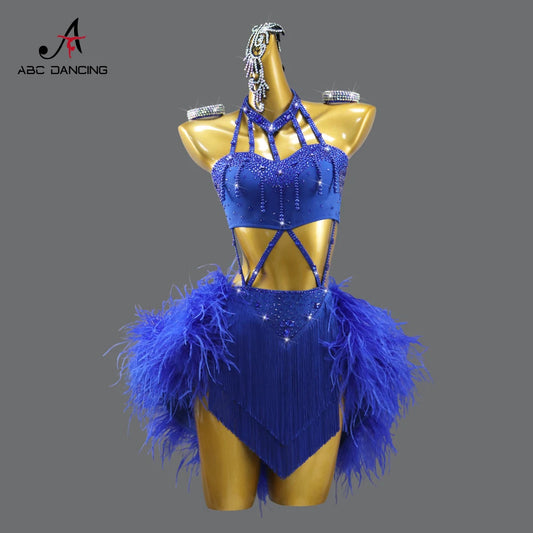 Blue Latin Dance Costume for Girls – Feather Skirt Stage Outfit for Women