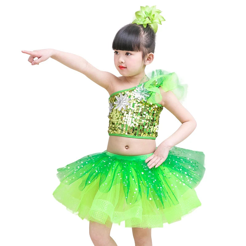 Children's Green Jazz Hip Hop Dance Dress with Sequins