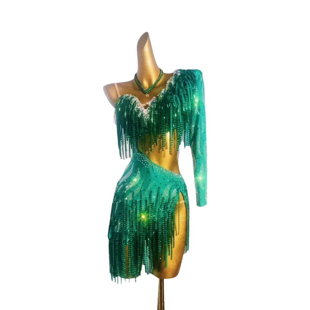 Latin Dance Dress with Exposed Waist & Diamonds – Samba Performance Wear