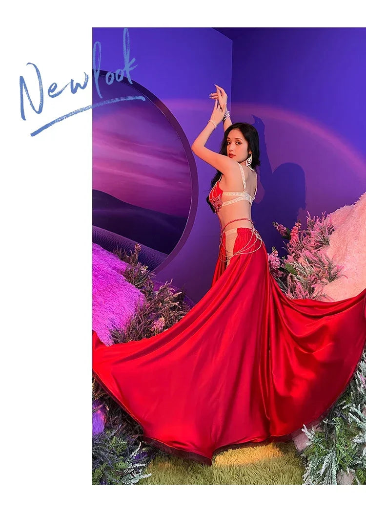 High-End Oriental Belly Dance Suit with Satin Bra & Swing Skirt for Performance