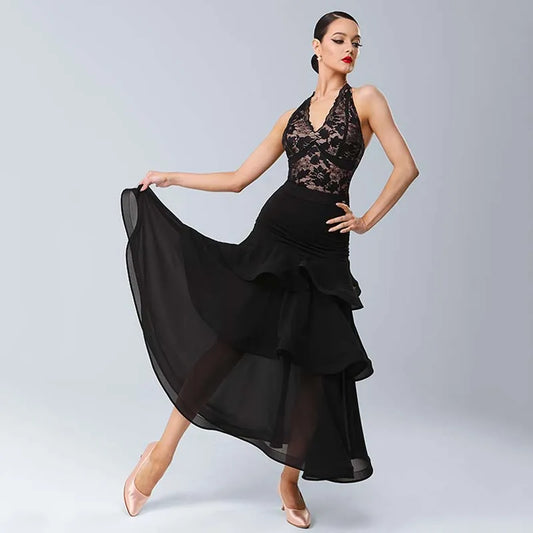 Neck Ballroom Dance Top & Split Skirt – Standard Waltz & Tango Stage Costume