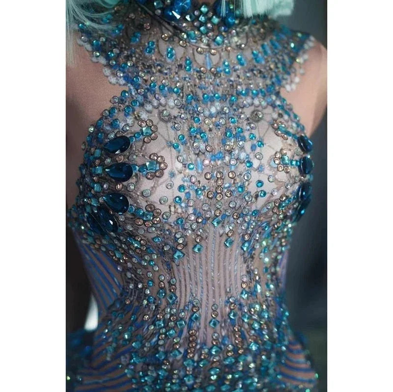 Crystals Rhinestone Tassel Party Dress – Blue Jazz Dancer Costume