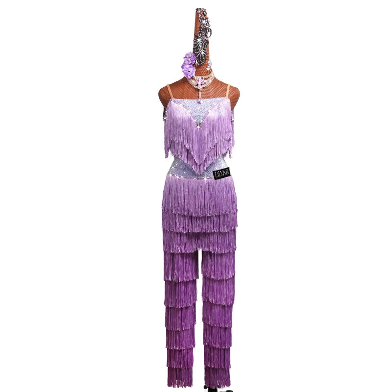 Purple Latin Dance Costume – Tassel Diamond Performance Pants & Split Skirt