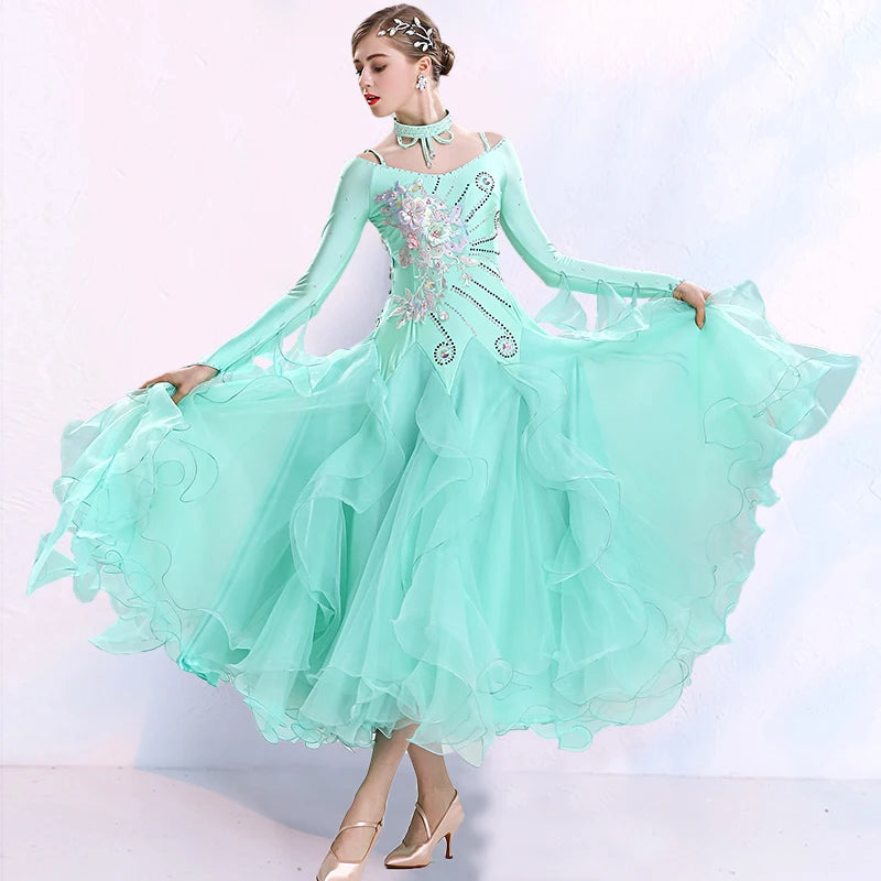 Green Ballroom Dance Competition Dress – High-End Tango & Waltz Costume