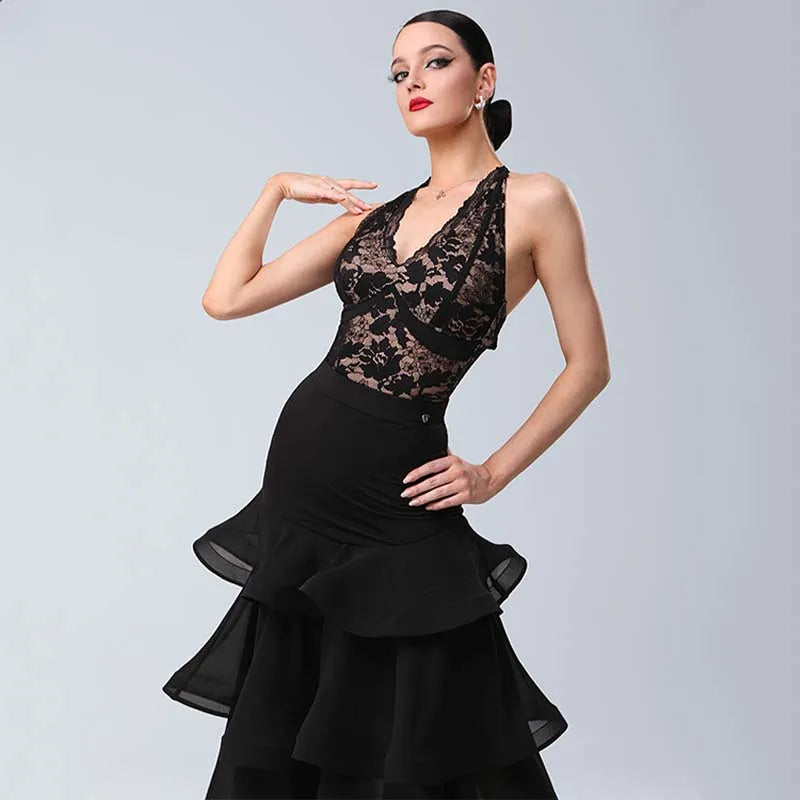 Neck Ballroom Dance Top & Split Skirt – Standard Waltz & Tango Stage Costume