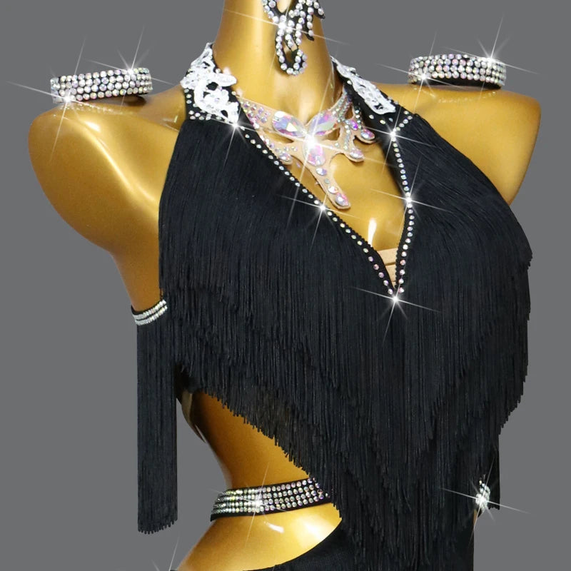 Black Latin Dance Dress – Sexy Tassel Party Performance Outfit for Women & Girls