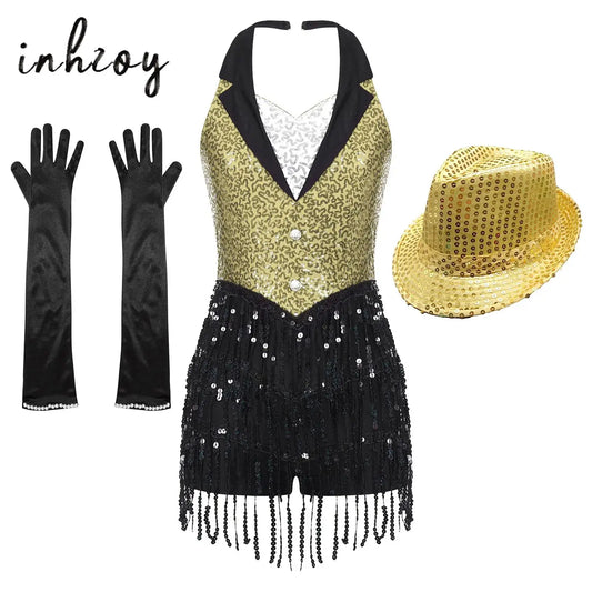 Sparkly Sequins Latin Dance Bodysuit with Tassels – Performance Leotard