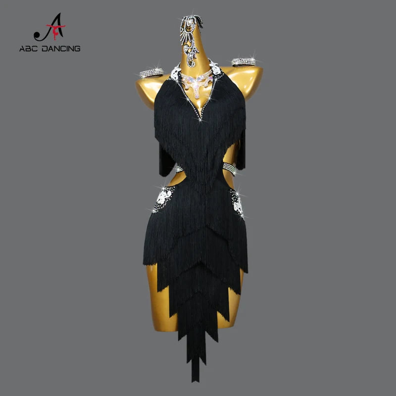 Black Latin Dance Dress – Sexy Tassel Party Performance Outfit for Women & Girls