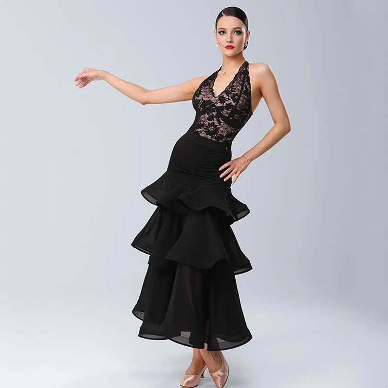 Neck Ballroom Dance Top & Split Skirt – Standard Waltz & Tango Stage Costume