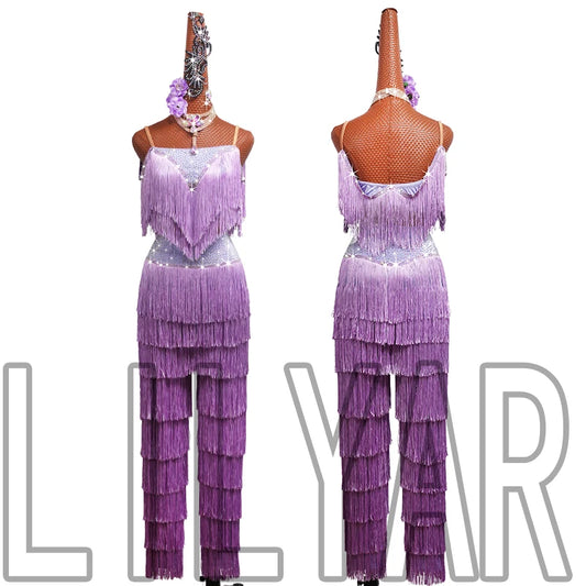 Purple Latin Dance Costume – Tassel Diamond Performance Pants & Split Skirt