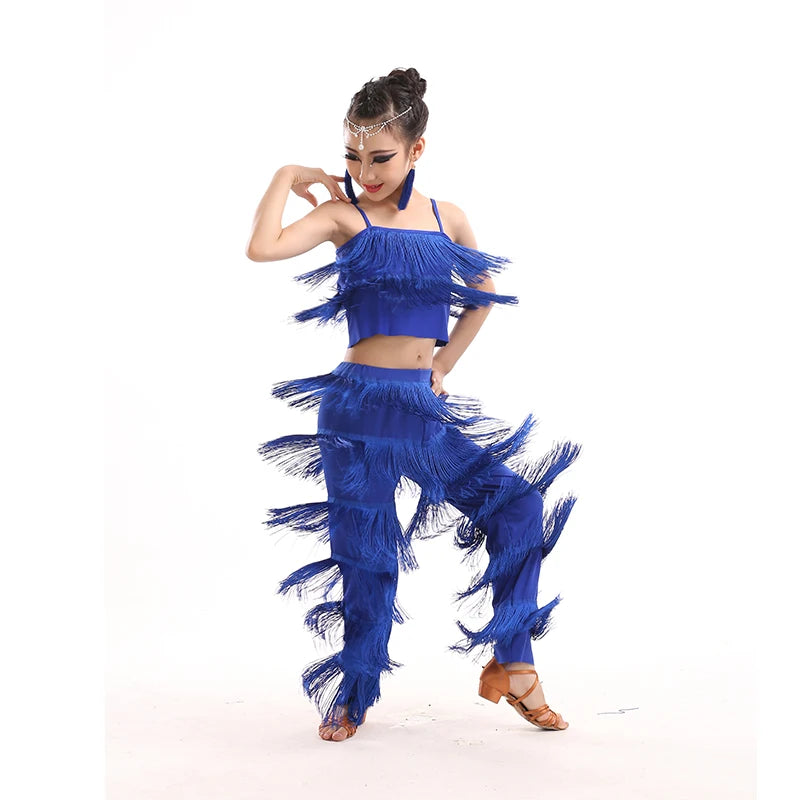 Kids Latin Dance Sequin Tassel Dress Pants - Salsa Samba Stage Costume