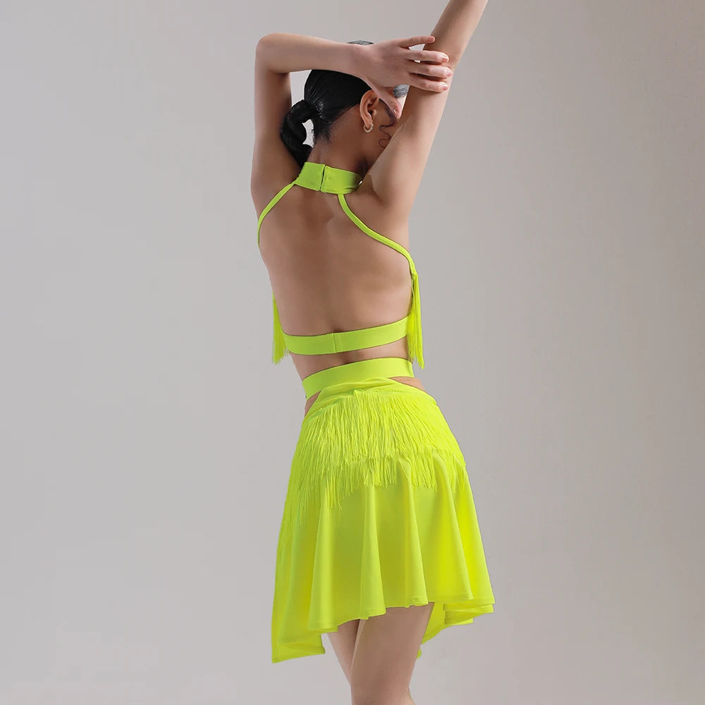 Latin Dance Dress with Irregular Fringe & Net Gauze