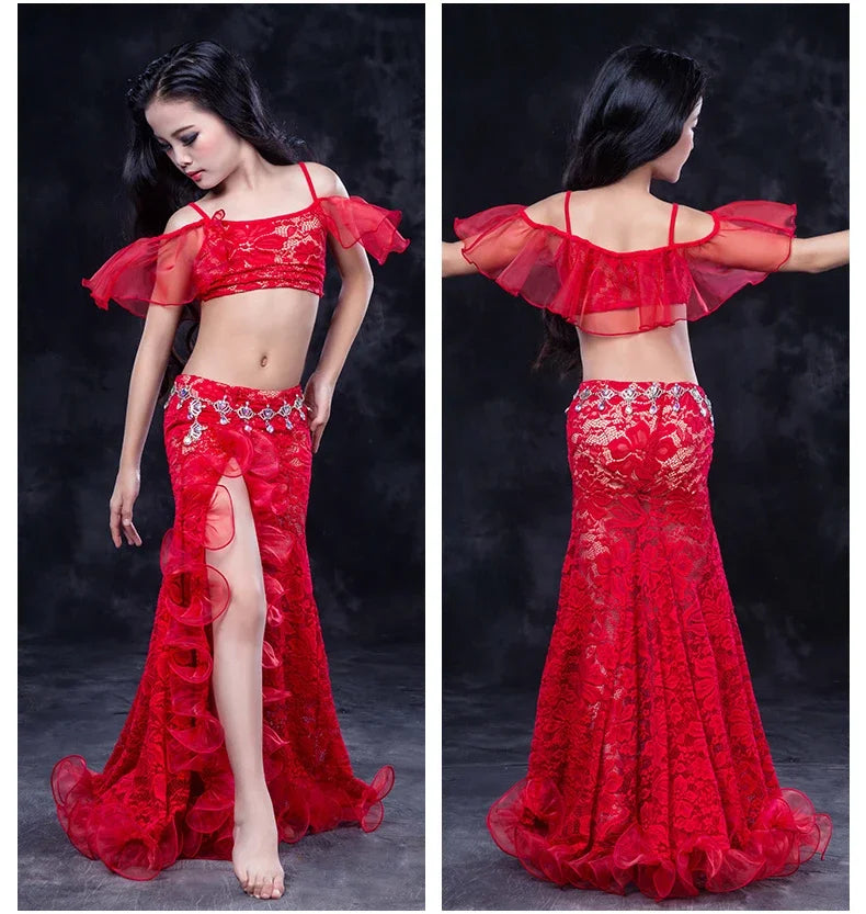 Girls Belly Dance Set – Sleeveless Top & Lace Split Skirt