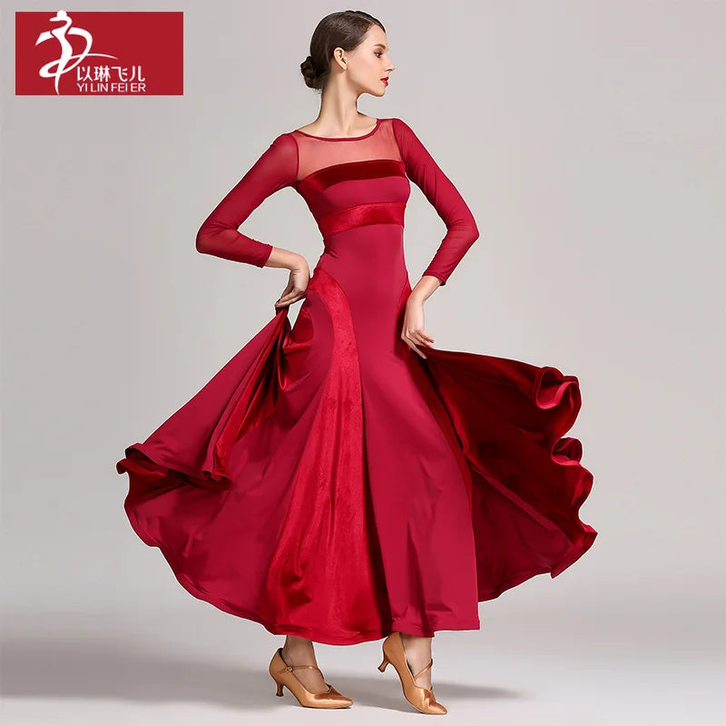 Velvet Women's Waltz Ballroom Dance Dress – Modern Standard Dance Costume