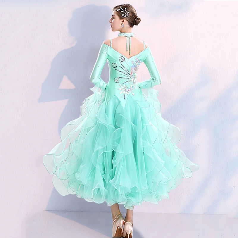 Green Ballroom Dance Competition Dress – High-End Tango & Waltz Costume