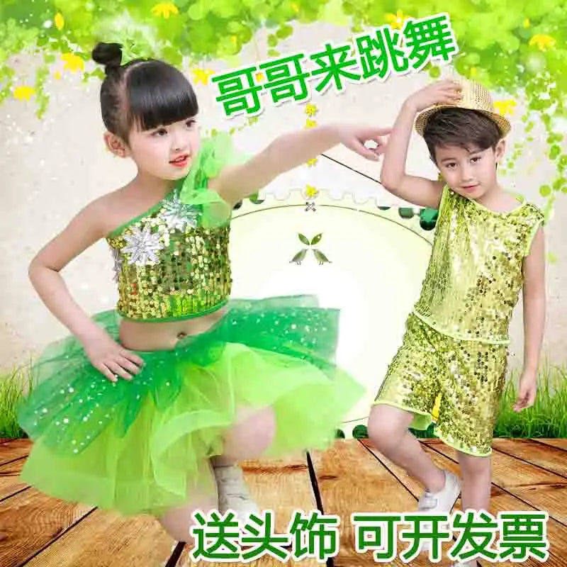 Children's Green Jazz Hip Hop Dance Dress with Sequins