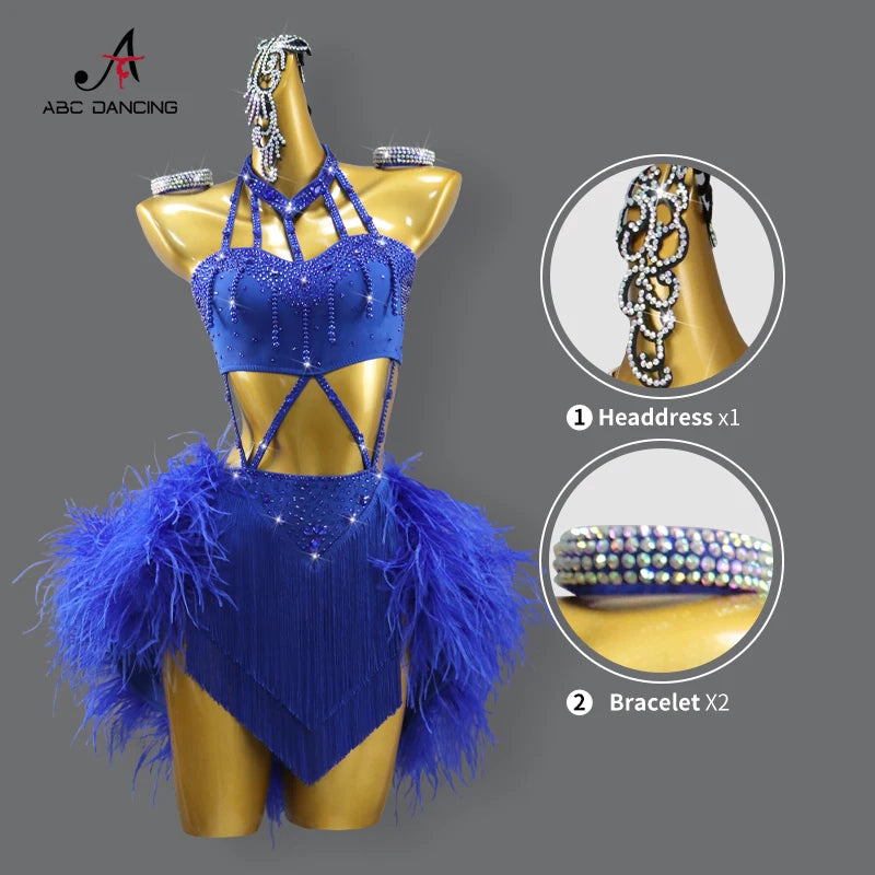 Blue Latin Dance Costume for Girls – Feather Skirt Stage Outfit for Women